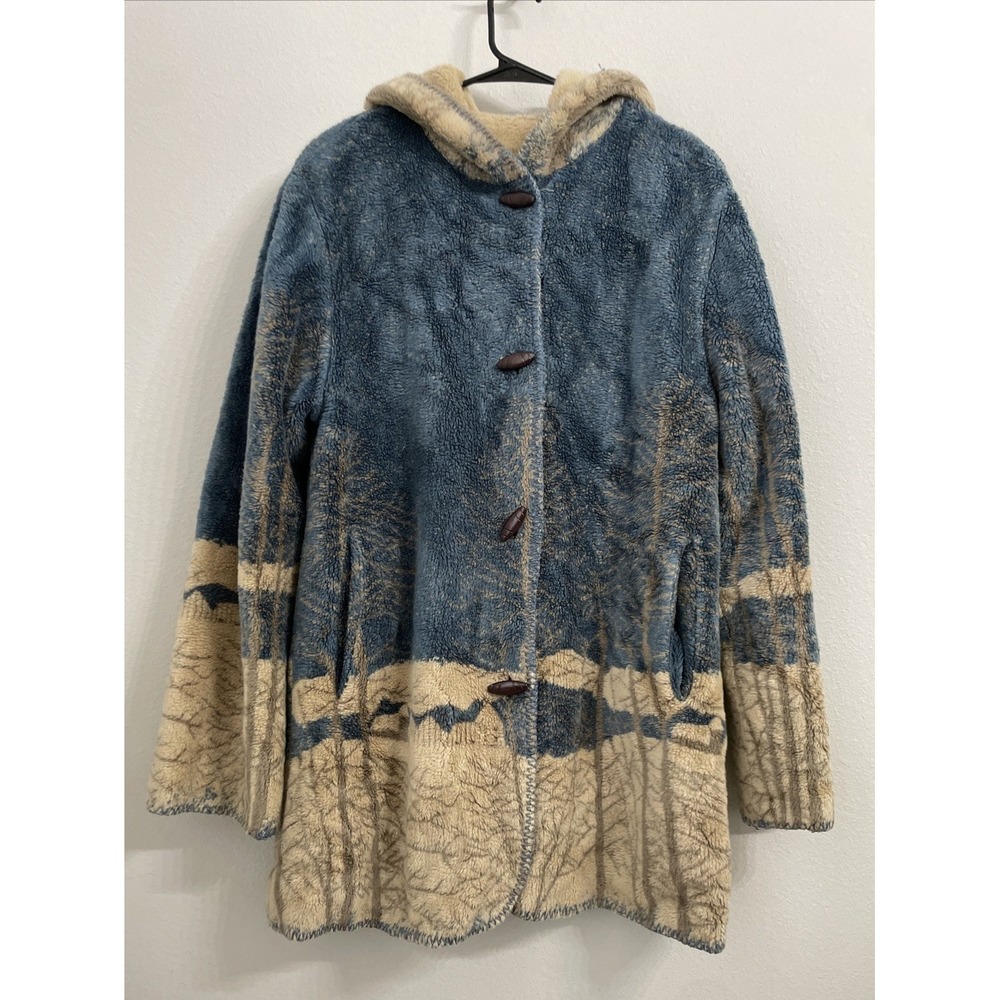 Alpine Studio Reversible Hooded Fleece Coat Jacket Blue Beige Tree Print M